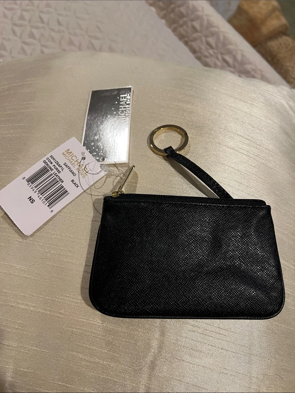 Michael Kors Black Saffiano Leather Zip Coin Pouch with Gold Logo